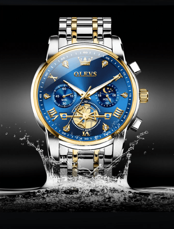 Męski zegarek kwarcowy z widocznym mechanizmem (Skeleton Flywheel), chronografem, fazami księżyca i wielofunkcyjną tarczą, wykonany ze stali nierdzewnej