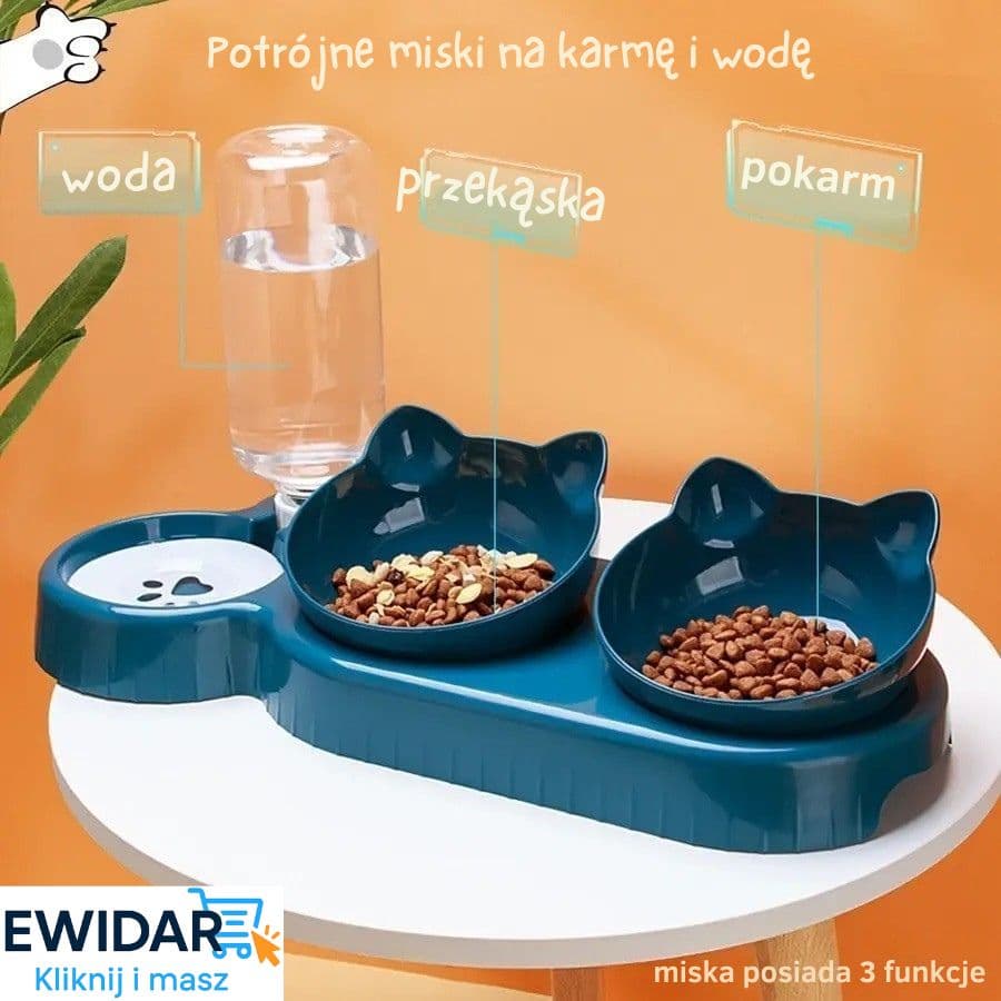 🐱 „Potrójna miska dla kota i psa 2 w 1 – z automatycznym poidłem, obrotowym i pochylonym designem”